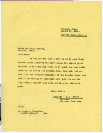 Letter from W. W. Moore to Mayor and City Council, 1926 August 30