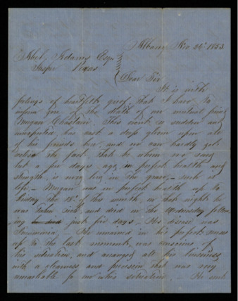 Letter from [?] Rush to Abel Adams regarding the death of Mugan Chastain