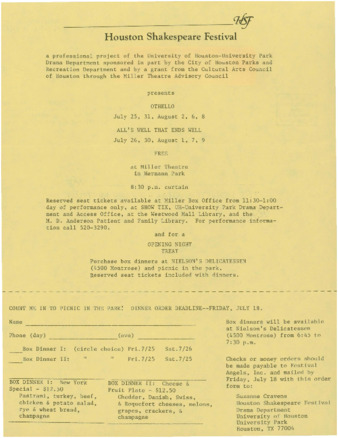 Houston Shakespeare Festival, 1980 Picnic in the Park flier
