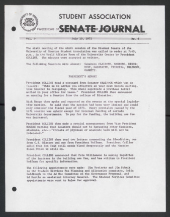 Senate Journal, Ninth Senate, University of Houston Student Government Association, Minutes, Vol. 9, No. 6, July 10, 1972