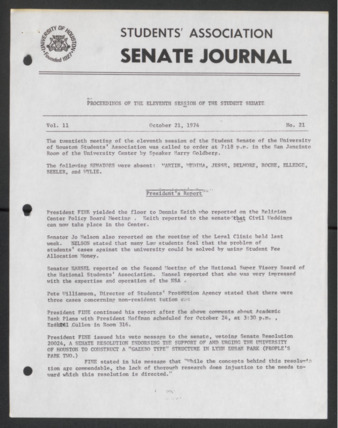 Senate Journal, Eleventh Senate, University of Houston Student Government Association, Minutes, Vol. 11, No. 21, October 21, 1974