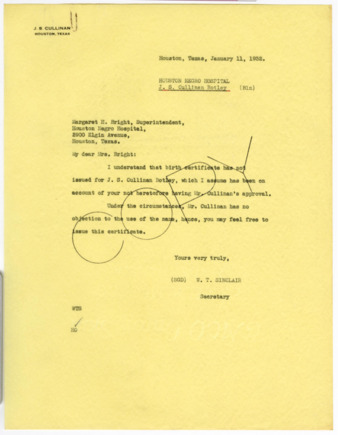 Letter from W. T. Sinclair to Margaret H. Bright, 1932 January 11