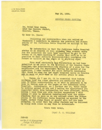 Letter from J. S. Cullinan to Dr. Peter Gray Sears, 1929 May 18