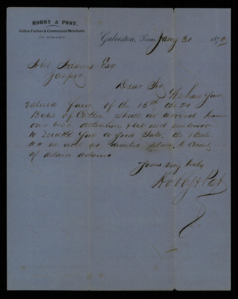 Letter from Hobby & Post to Abel Adams regarding cotton orders