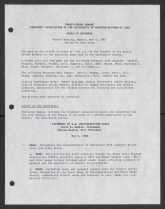 Twenty-third Senate, Students' Association of the University of Houston-University Park, Order of Business [Minutes], Fourth Meeting, May 5, 1986