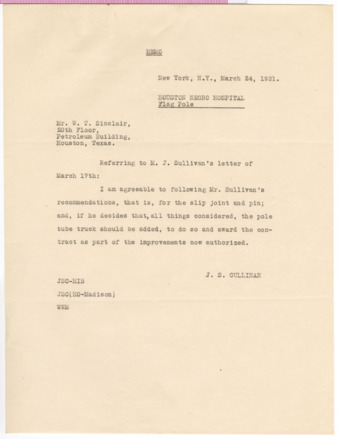 Memorandum from J. S. Cullinan to W. T. Sinclair, 1931 March 24