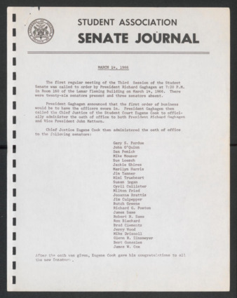 Senate Journal, Third Senate, University of Houston Student Government Association, Minutes, First Meeting, March 14, 1966