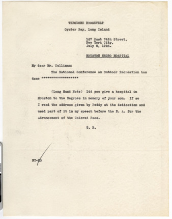 Letter from T. R. to Mr. Cullinan, 1926 July 8