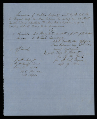 Invoice of public property sent from New Orleans to Fort Ewell in Corpus Christi