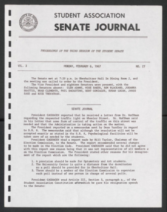 Senate Journal, Third Senate, University of Houston Student Government Association, Minutes, Vol. 3, No. 27, February 6, 1967
