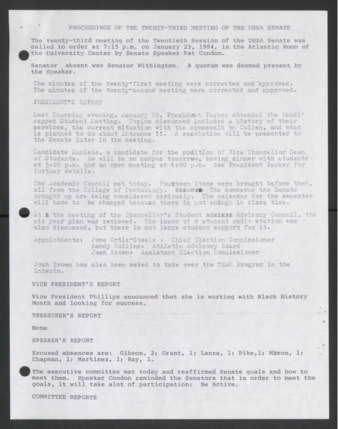 Senate Journal, Twentieth Senate, University of Houston Student Government Association, Minutes, Twenty-Third Meeting, January 23, 1984