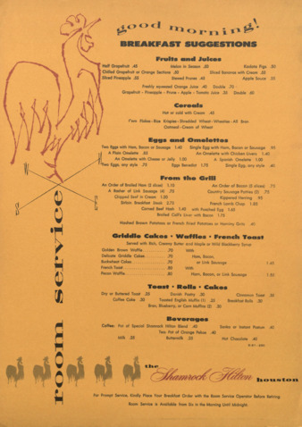 Shamrock Hotel breakfast room service menu