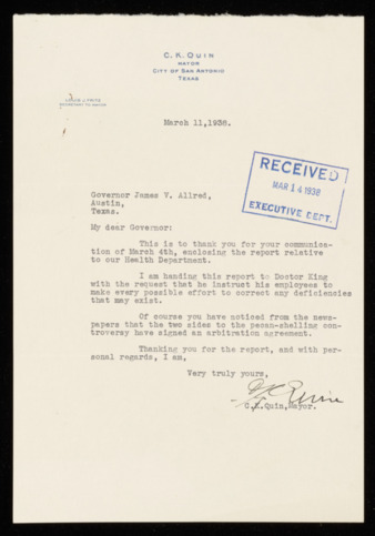 Letter from Mayor Charles K. Quin to Governor James V. Allred, 1938 March 11