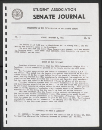 Senate Journal, Third Senate, University of Houston Student Government Association, Minutes, Vol. 3, No. 23, December 5, 1966