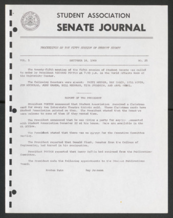 Senate Journal, Fifth Senate, University of Houston Student Government Association, Minutes, Vol. 5, No. 25, December 16, 1968