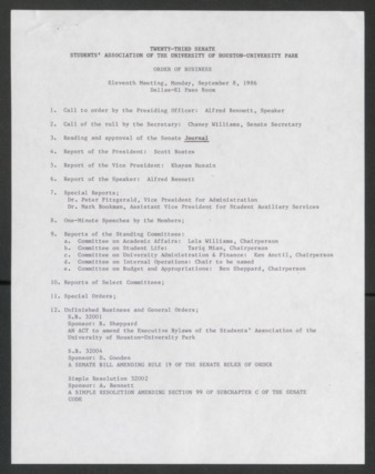  Twenty-third Senate, Students' Association of the University of Houston-University Park, Order of Business [Agenda], Eleventh Meeting, September 8, 1986