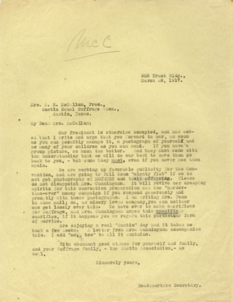 Letter from the Headquarters Secretary to Mrs. A. N. McCallum