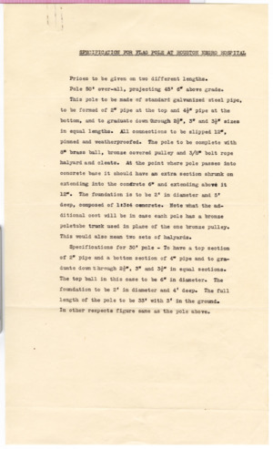 Specification for flag pole at the Houston Negro Hospital