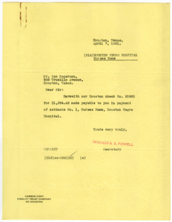 Letter from R. E. Powell to Mr. Lee Rogerson, 1931 April 7