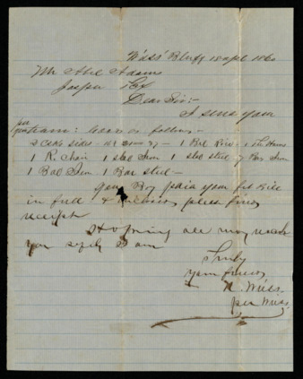 Letter from N. Wiess regarding purchases made by Abel Adams