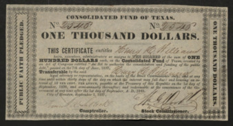 Consolidated Fund of Texas certificate to Henry H. Williams