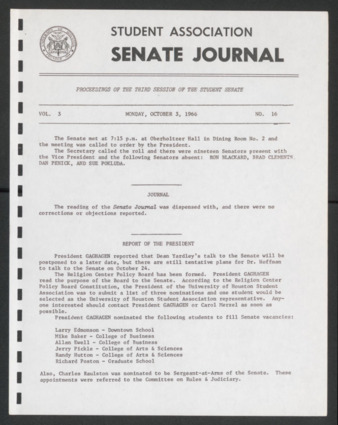 Senate Journal, Third Senate, University of Houston Student Government Association, Vol. 3, No. [14] Minutes, Fourteenth Meeting, October 3, 1966