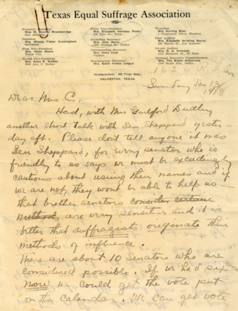 Letter from Elizabeth Herndon Potter to Minnie Fisher Cunningham, reporting her meetings with senators