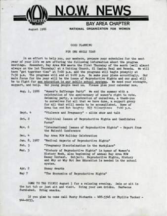 NOW News Bay Area Chapter, August 1986