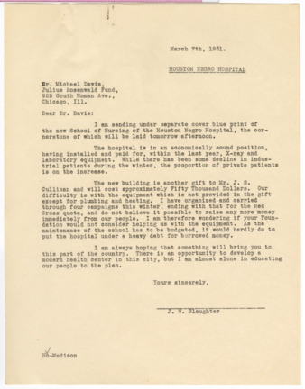 Letter from J. W. Slaughter to Michael Davis, 1931 March 7