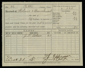 Receipt for taxes paid by Holmes and Bienschwall on land originally owned by J. P. Osteen