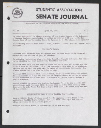 Senate Journal, Eleventh Senate, University of Houston Student Government Association, Minutes, Vol. 11, No. 5, April 29, 1974