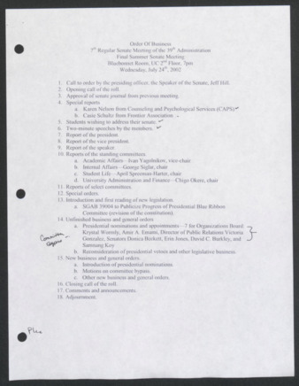 Order of Business [Agenda], 7th Senate Meeting of the 39th Administration, July 24, 2002