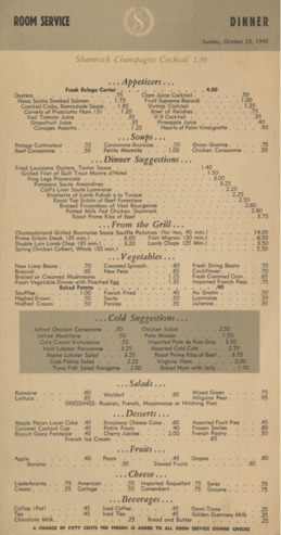 Shamrock Hotel dinner room service menu, October 23, 1949