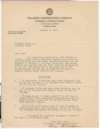 Letter from Tellepsen Construction Company to Fidelity Trust Co., 1926 January 6