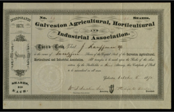 Stock certificate from the Galveston Agricultural, Horticultural and Industrial Association to J. Kauffman