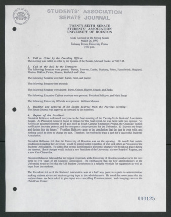 Senate Journal, Vol. 1, Twenty-sixth Senate Students' Association, University of Houston, Sixth Meeting, Spring Senate, March 26, 1990