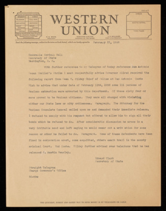 Telegram from Edward Clark to Cordell Hull, 1938 February 22