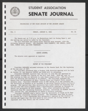 Senate Journal, Third Senate, University of Houston Student Government Association, Minutes, Vol. 3, No. 26, January 9, 1966