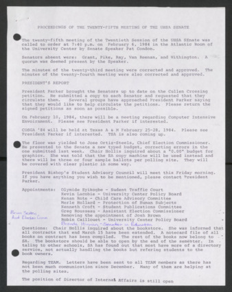 Senate Journal, Twentieth Senate, University of Houston Student Government Association, Minutes, Twenty-Fifth Meeting, February 6, 1984