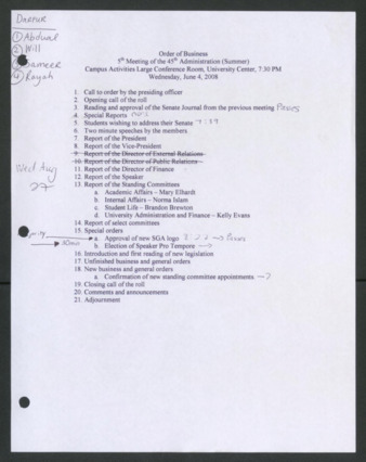 Order of Business, 5th Meeting of the 45th Administration, June 4, 2008