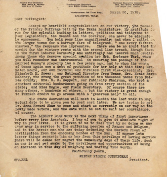 Letter from Minnie Fisher Cunningham to Suffragists, congratulating on the passage of the Primary Suffrage Bill