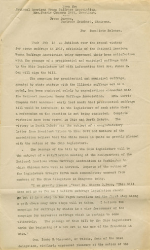 Letter from Robert M. LaFollette on Ohio Suffrage Bill, for immediate press release