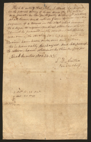 Orders for a “faithful” discharge of John S. Black for his service to the Texas Army