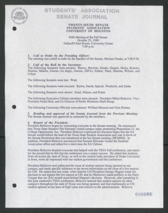 Senate Journal, Vol. 1, Twenty-sixth Senate Students' Association, University of Houston, Fifth Meeting, Fall Senate, October 23, 1989