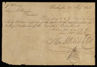 Letter from Sam Houston to Asa Brigham authorizing him to pay Stephen Z. Hoyle