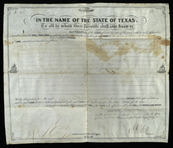 Land grant to the heirs of John McClure for 1,208 acres, signed by Peter Hansbrough Bell as the governor of Texas