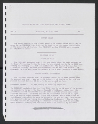Senate Journal, Second Summer Senate Meeting of the Third Administration, July 20, 1966