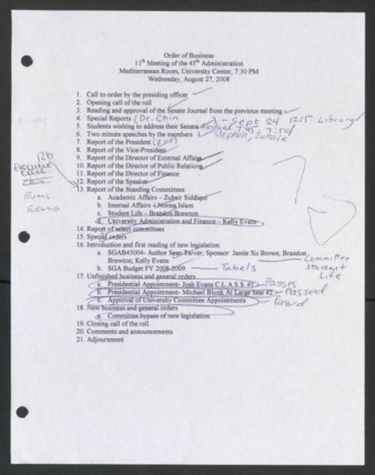 Order of Business [Agenda], 11th Meeting of the 45th Administration, August 27, 2008