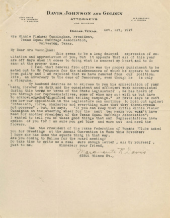 Letter from Marguerite R. Davis to Minnie Fisher Cunningham
