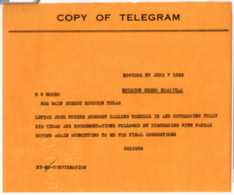 Telegram from "Curious" to W. W. Moore, 1926 June 7